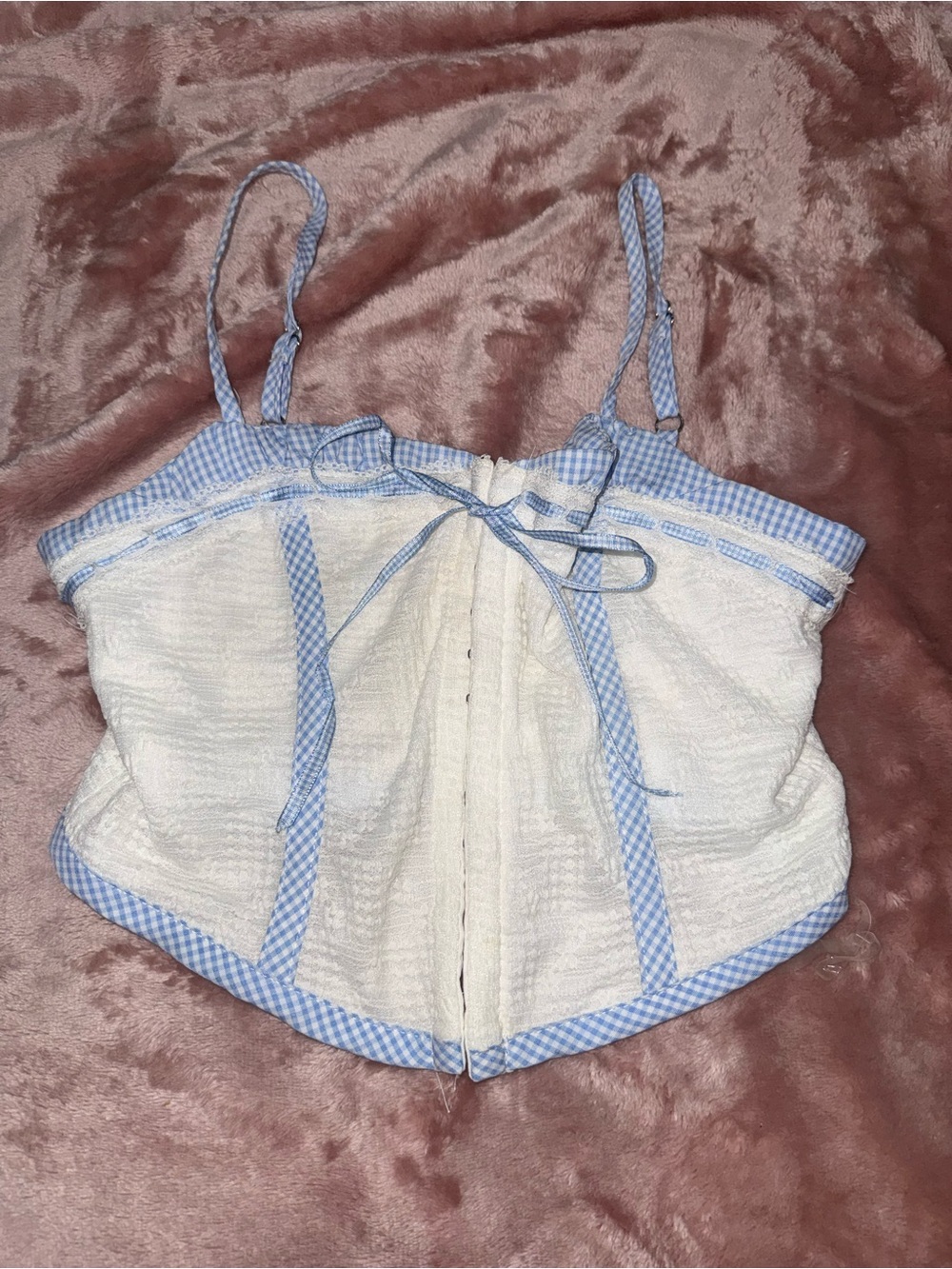 Altar'd State White Textured Bustier with Blue Gingham Trim
